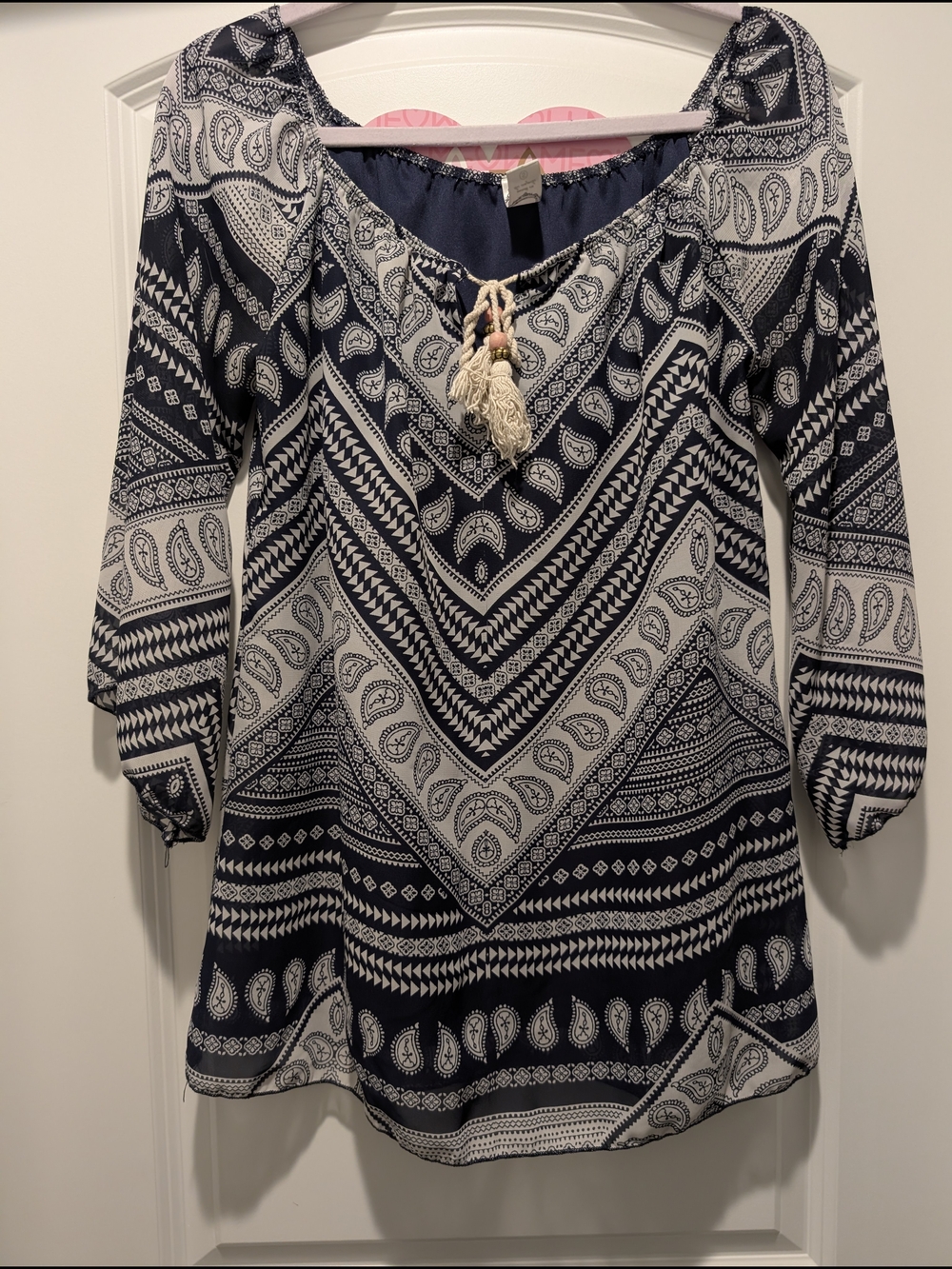 Boho Navy and White Peasant Blouse with Tassel Tie